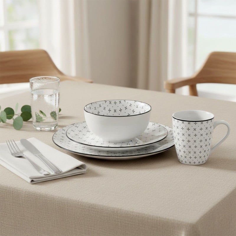 Serwis obiadowy 16 elementów Lisbon porcelana zestaw talerzy kubków dla 4 osób talerze czarno-białe