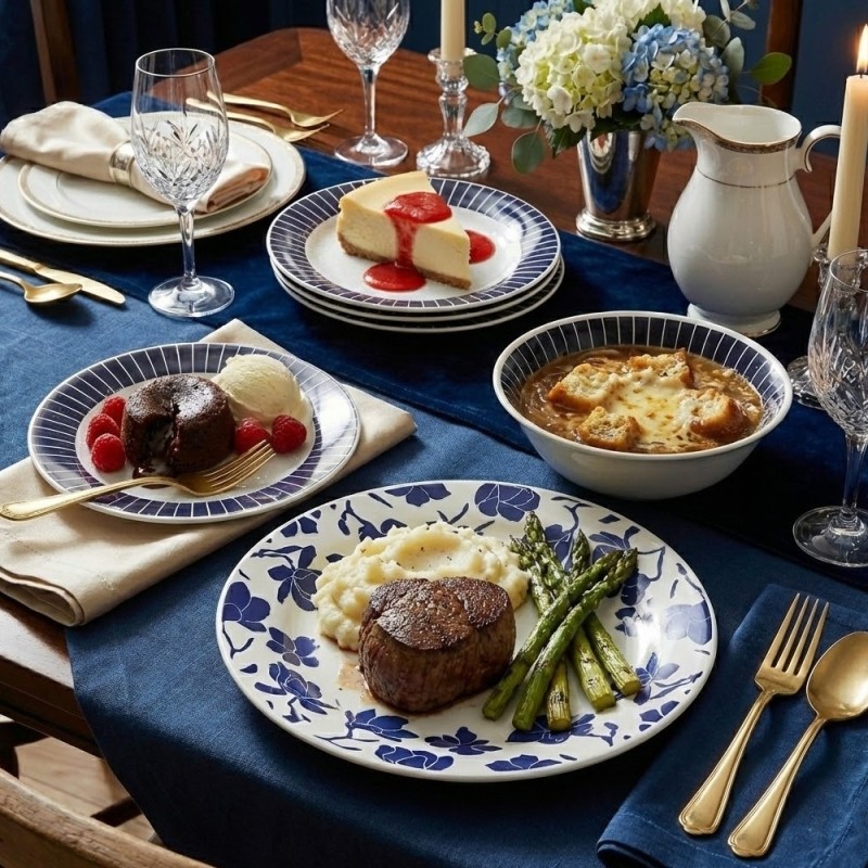 Serwis obiadowy 18 elementów Bestler białe talerze dla 6 osób wzór niebieski kwiat