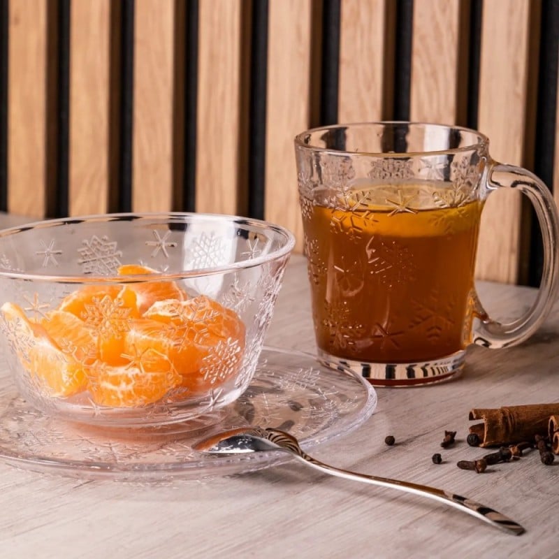 Talerzyki deserowe 17 cm szklane Altom Śnieżynki zestaw 12 sztuk spodek na ciasto deser