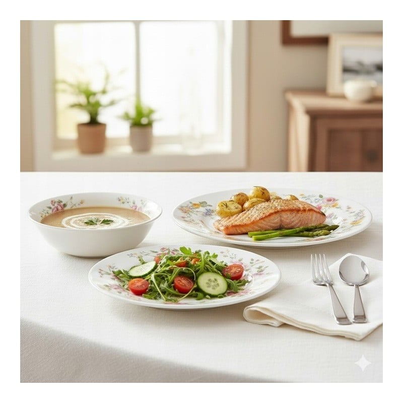 Serwis obiadowy 18 elementów Bestler białe talerze dla 6 osób wzór kwiaty róże