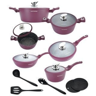 Zestaw garnków marmurkowych z powłoką granitową 15 el. komplet z patelniami wraz z rondlem i przyborami MasterPan