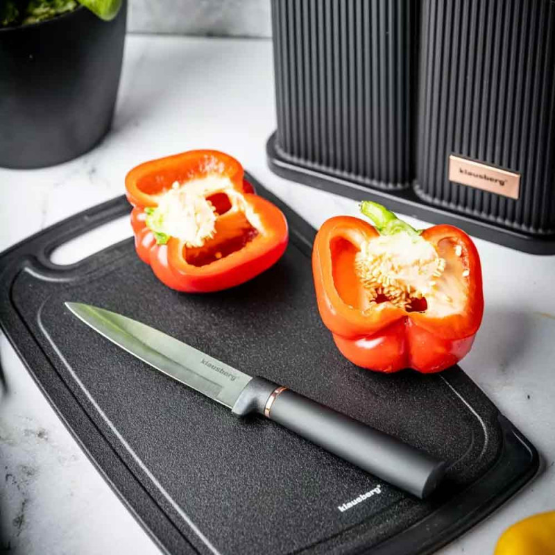 Zestaw noży i przyborów kuchennych w stojaku z deską do krojenia Klausberg KB 7835