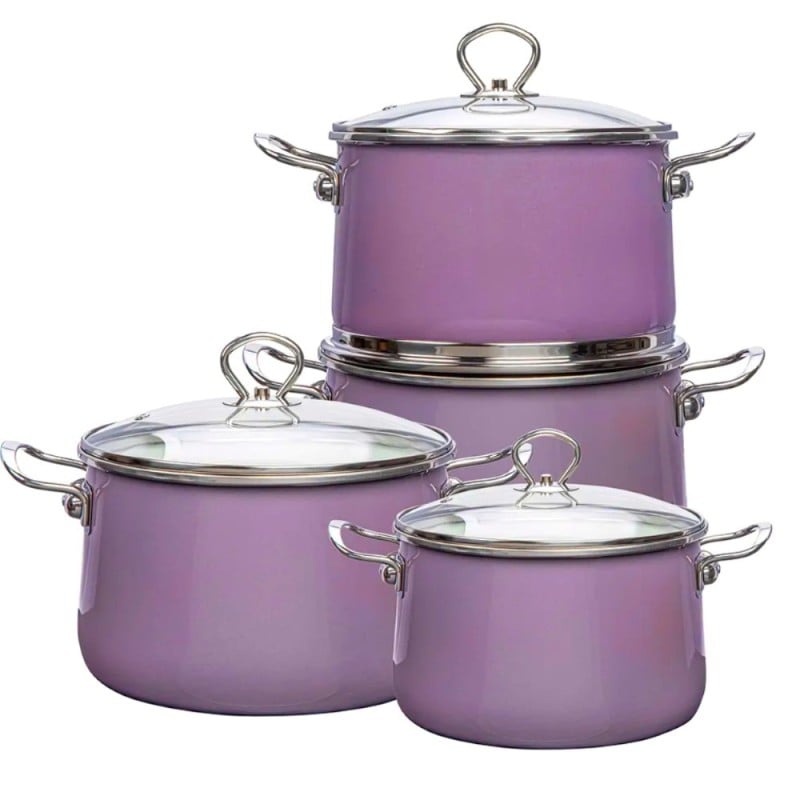 Garnki emaliowane z pokrywkami Altom Izydor zestaw 4 garnków emaliowanych wrzosowe