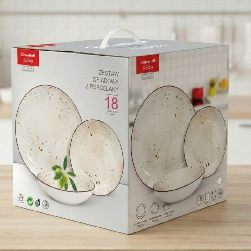 Serwis obiadowy porcelanowy GierekHoff Sabbia 18 elementów zestaw talerzy dla 6 osób beżowy nakrapiany 1221