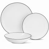 Serwis obiadowy porcelanowy GierekHoff Linea 18 elementów zestaw talerzy dla 6 osób białe z czarnym paskiem 1218