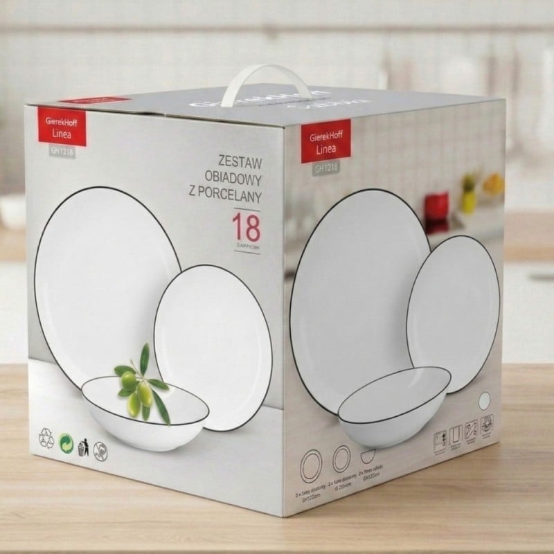 Serwis obiadowy porcelanowy GierekHoff Linea 18 elementów zestaw talerzy dla 6 osób białe z czarnym paskiem 1218