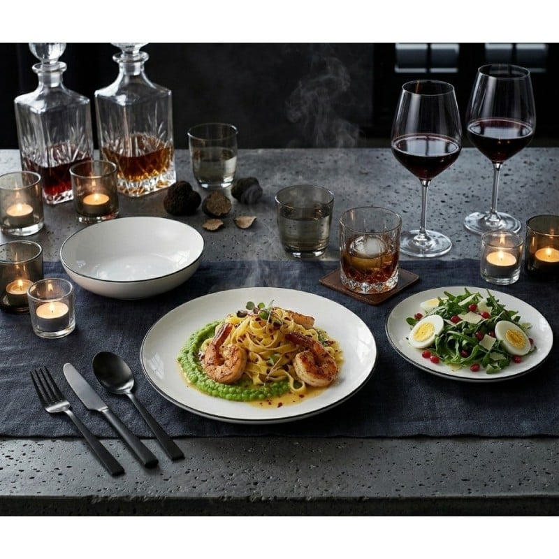 Serwis obiadowy porcelanowy GierekHoff Linea 18 elementów zestaw talerzy dla 6 osób białe z czarnym paskiem 1218