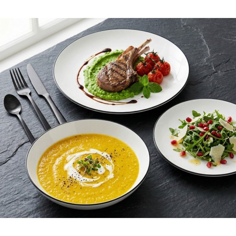 Serwis obiadowy porcelanowy GierekHoff Linea 18 elementów zestaw talerzy dla 6 osób białe z czarnym paskiem 1218