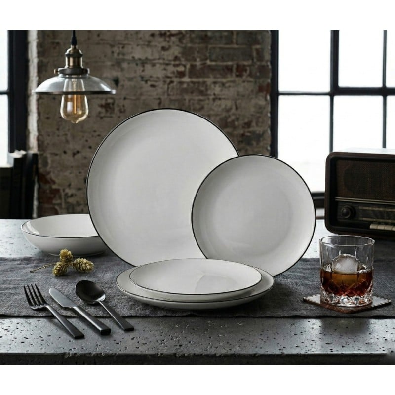 Serwis obiadowy porcelanowy GierekHoff Linea 18 elementów zestaw talerzy dla 6 osób białe z czarnym paskiem 1218