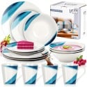 Serwis obiadowy 16 elementów zestaw talerzy z kubkami dla 4 osób w kolorze biało niebieskim Vilde