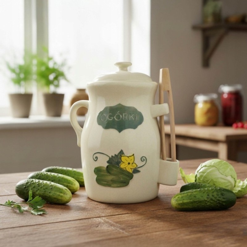 Beczka kamionkowa do ogórków 3.5l Bella Fiore w zestawie ze szczypcami kremowa