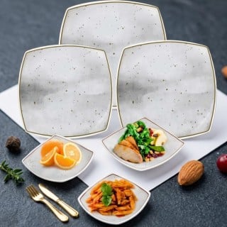 Serwis obiadowo-śniadaniowo-deserowy 18 elementów GierekHoff Antic szare nakrapiane kwadratowe talerze dla 6 osób