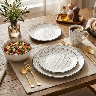 Serwis obiadowy 16 elementów Lisbon porcelana zestaw talerzy kubków dla 4 osób talerze czarno-białe