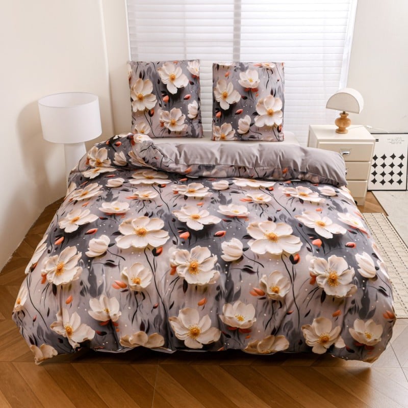 Pościel 160x200 bawełna satynowa wzór 5D dwustronna GierekHoff gruba 3 części GH 3119 kwiaty na szarym tle