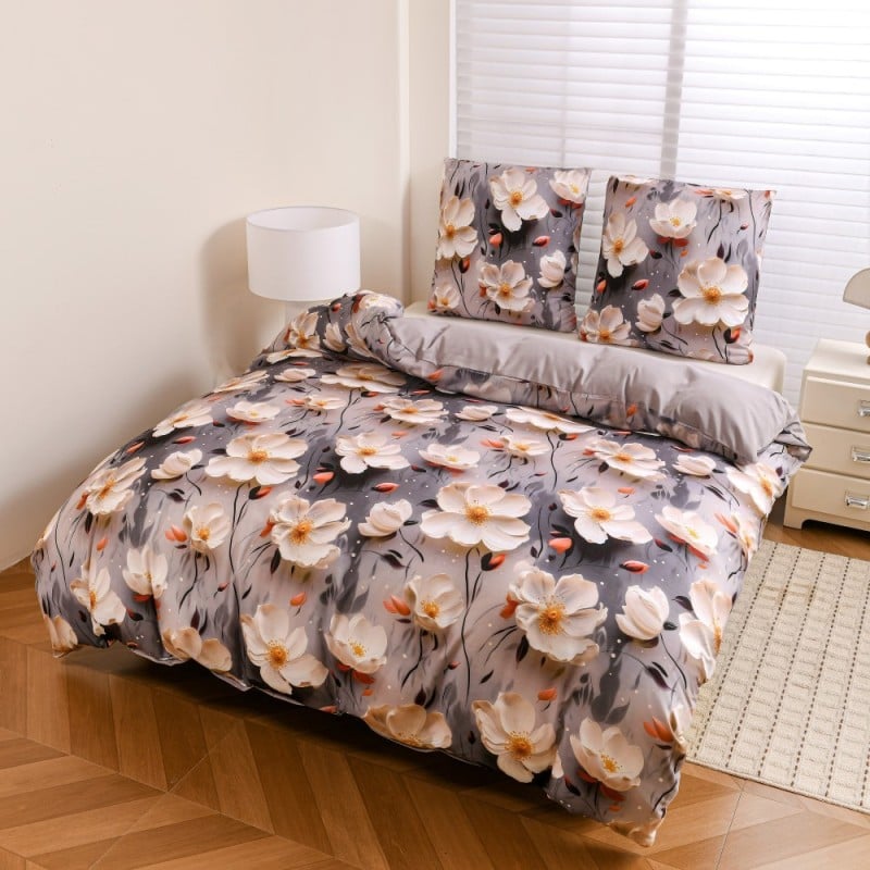 Pościel 200x220 bawełna satynowa wzór 5D dwustronna GierekHoff gruba 3 części GH 3119 kwiaty na szarym tle