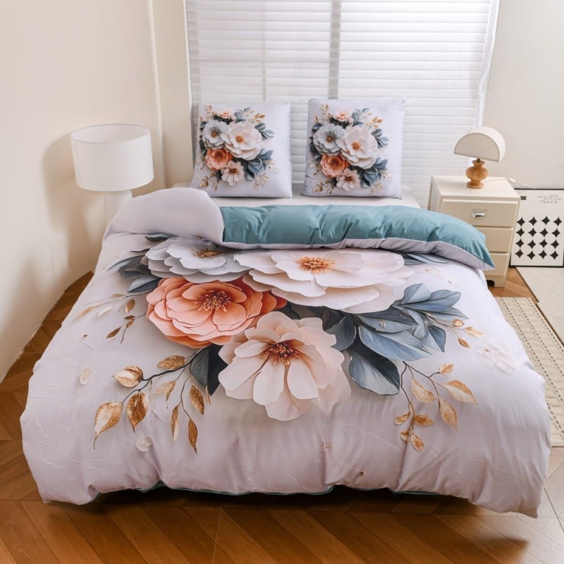 Pościel 140x200 bawełna satynowa wzór 5D dwustronna GierekHoff gruba 2 części GH 3120 pudrowe kwiaty