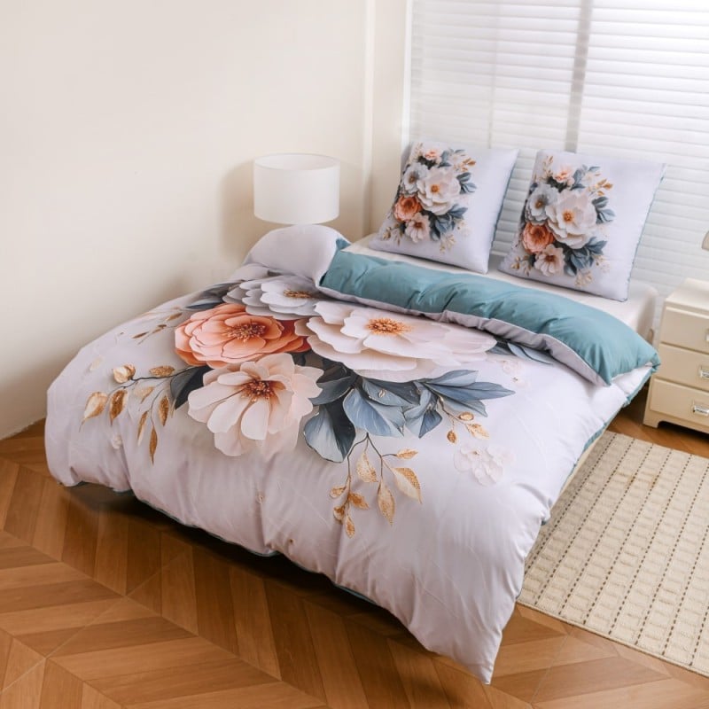 Pościel 200x220 bawełna satynowa wzór 5D dwustronna GierekHoff gruba 3 części GH 3120 pudrowe kwiaty