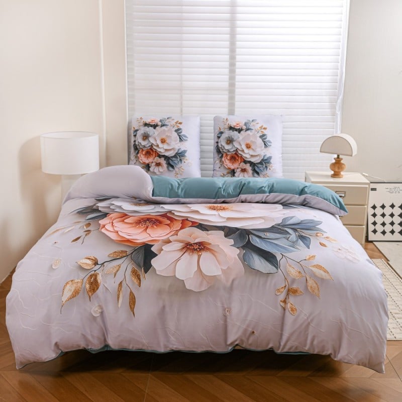 Pościel 200x220 bawełna satynowa wzór 5D dwustronna GierekHoff gruba 3 części GH 3120 pudrowe kwiaty