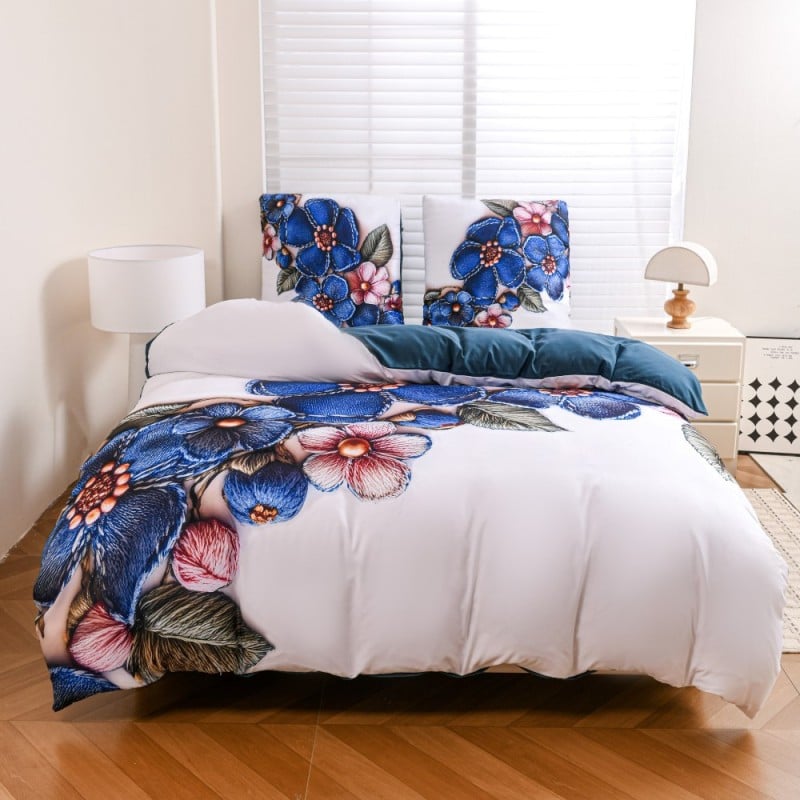 Pościel 160x200 bawełna satynowa wzór 5D dwustronna GierekHoff gruba 3 części GH 3121 niebieskie kwiaty