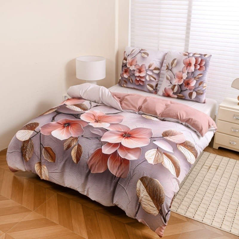 Pościel 140x200 bawełna satynowa wzór 5D dwustronna GierekHoff gruba 2 części GH 3123 Pudrowy Ogród