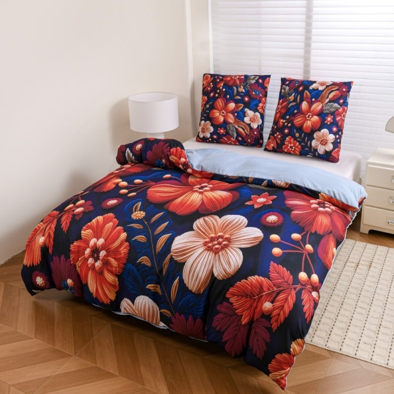 Pościel 140x200 bawełna satynowa wzór 5D dwustronna GierekHoff gruba 2 części GH 3129 Atramentowa Flora