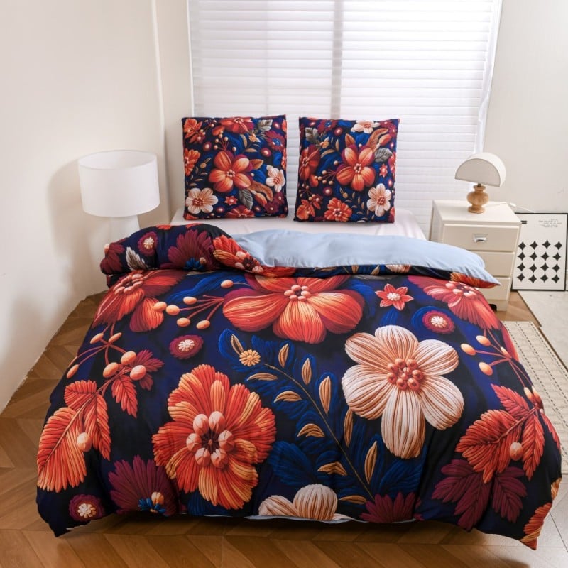 Pościel 200x220 bawełna satynowa wzór 5D dwustronna GierekHoff gruba 3 części GH 3129 Atramentowa Flora