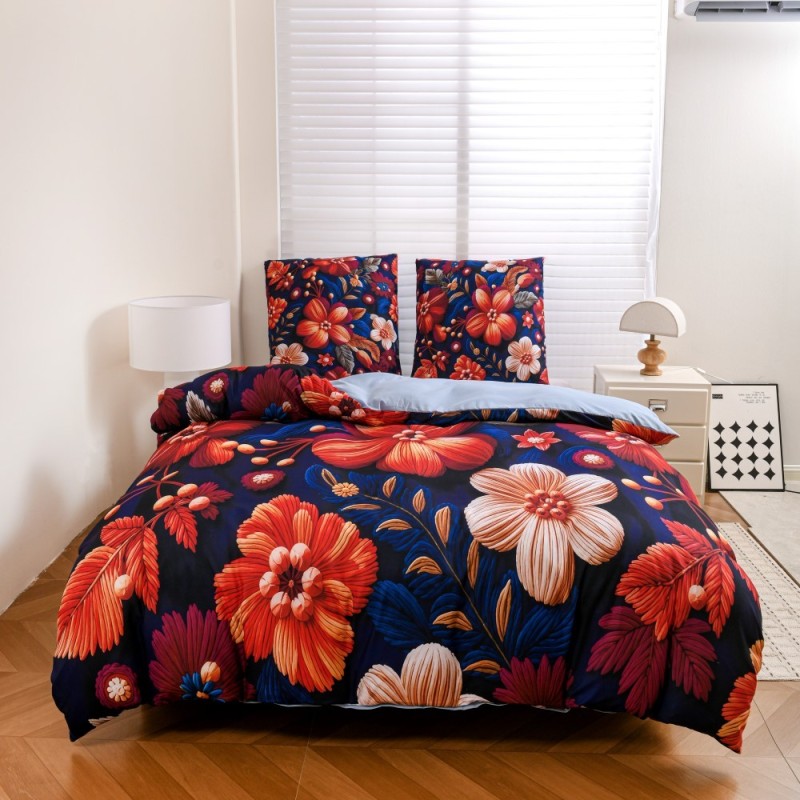 Pościel 200x220 bawełna satynowa wzór 5D dwustronna GierekHoff gruba 3 części GH 3129 Atramentowa Flora