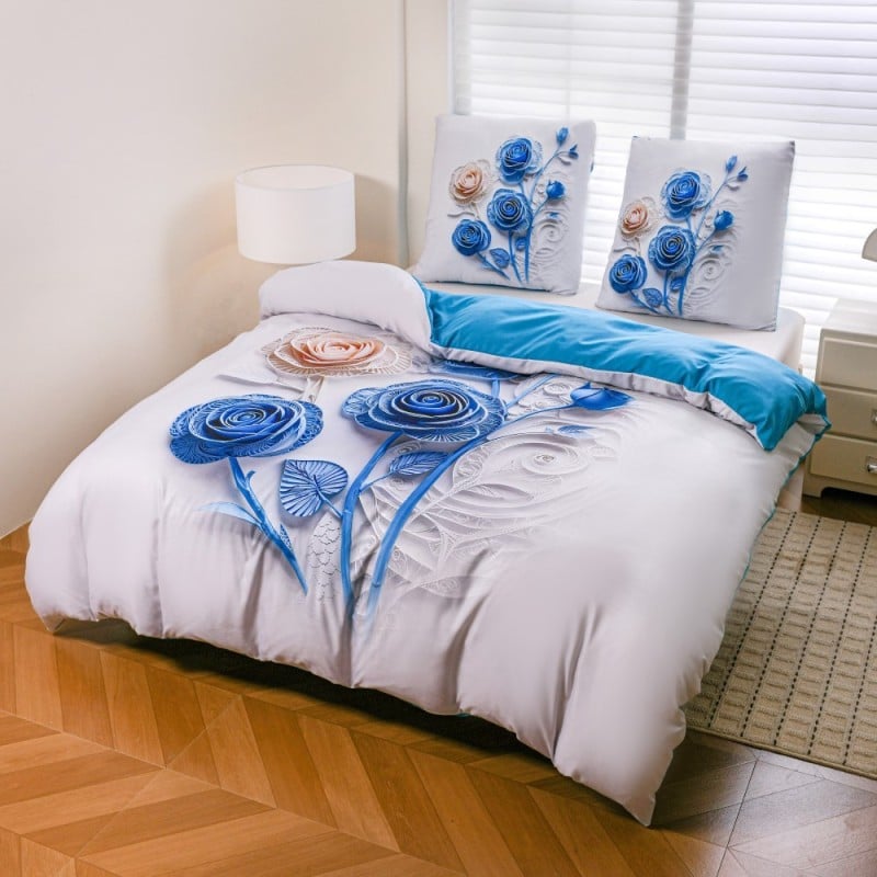 Pościel 160x200 bawełna satynowa wzór 5D dwustronna GierekHoff gruba 3 części GH 3130 Błękitny Quilling