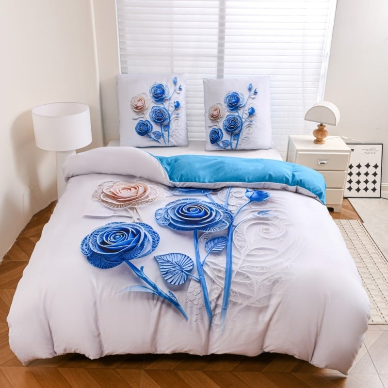 Pościel 160x200 bawełna satynowa wzór 5D dwustronna GierekHoff gruba 3 części GH 3130 Błękitny Quilling