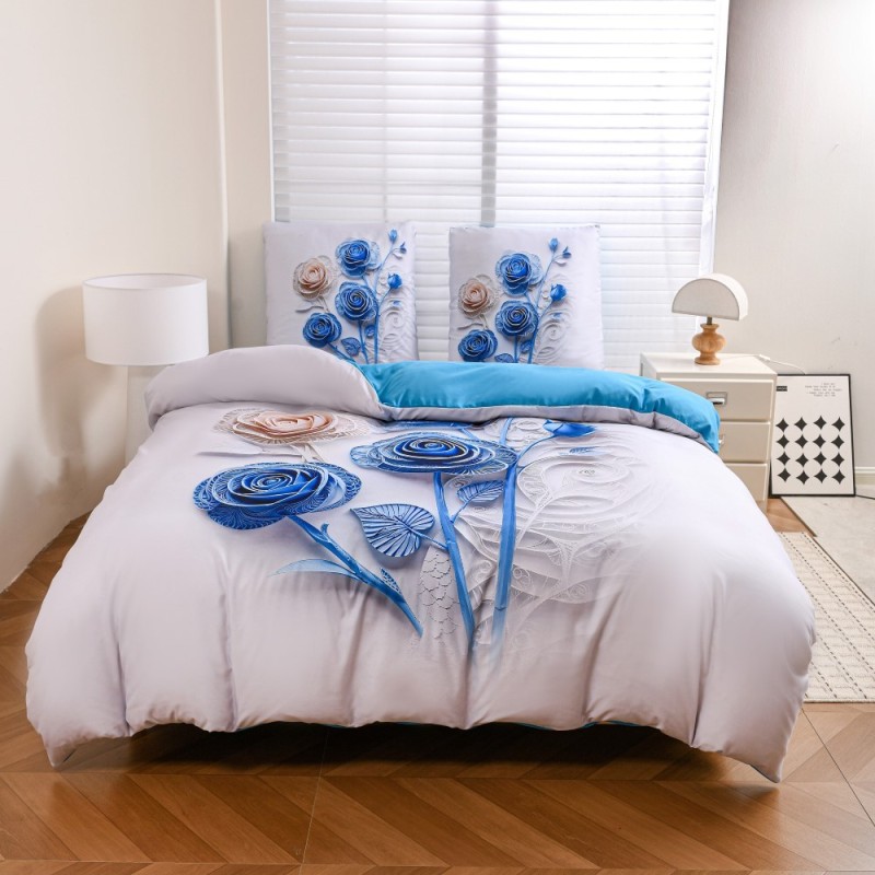 Pościel 200x220 bawełna satynowa wzór 5D dwustronna GierekHoff gruba 3 części GH 3130 Błękitny Quilling