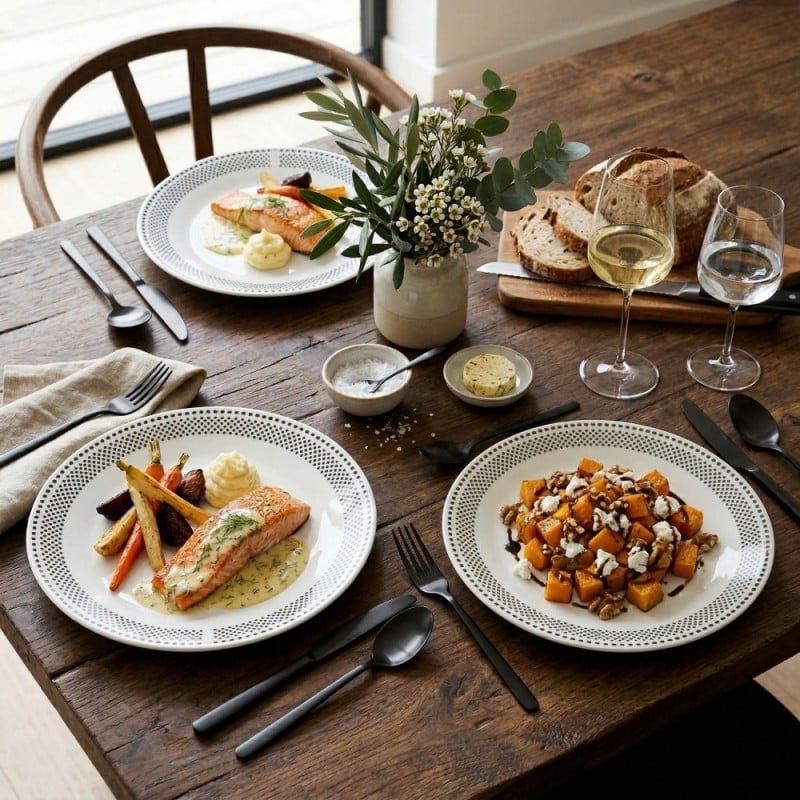 Serwis obiadowy porcelana 24 elementy Bella Fiore białe talerze miski dla 6 osób wzór kropki