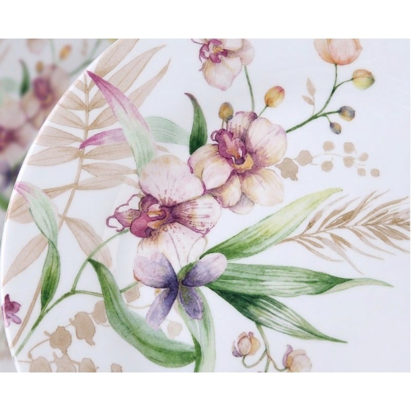 Serwis obiadowy 18 elementów GierekHoff Aura Pure białe talerze dla 6 osób wzór kwiaty storczyk GH 1217