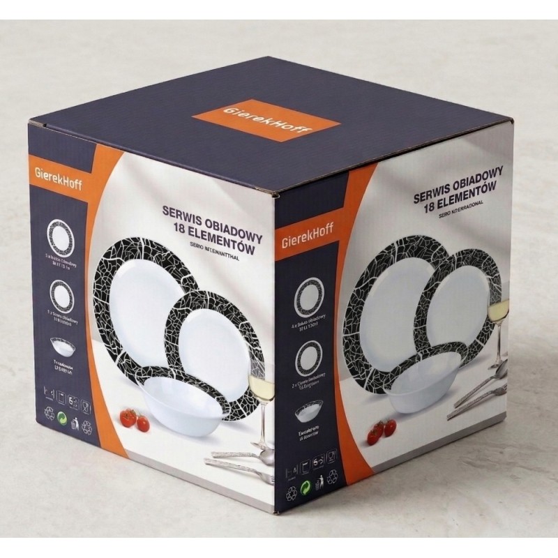 Serwis obiadowy 18 elementów GierekHoff Aura Mystery białe talerze dla 6 osób wzór czarna mozaika GH 1216