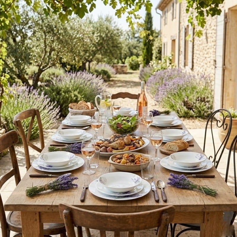 Serwis obiadowy 18 elementów Esmene białe talerze dla 6 osób wzór lawenda