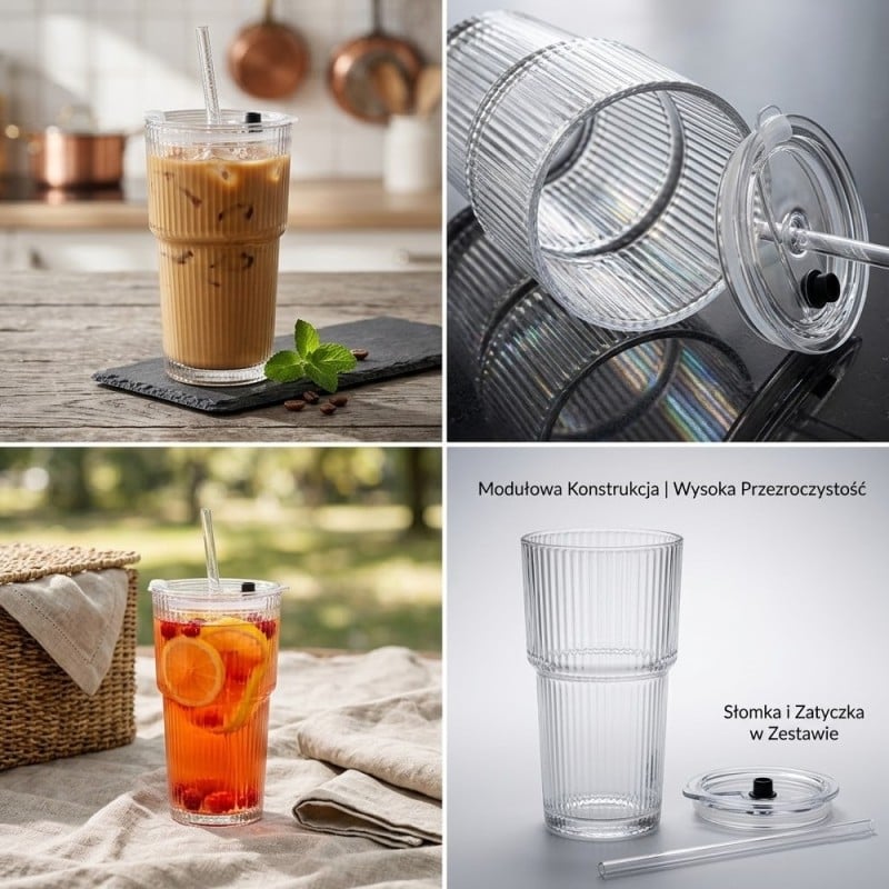 Kubek szklany do napojów z pokrywką i słomką 540 ml Florina Vetrino podróżny szklanka ryflowana