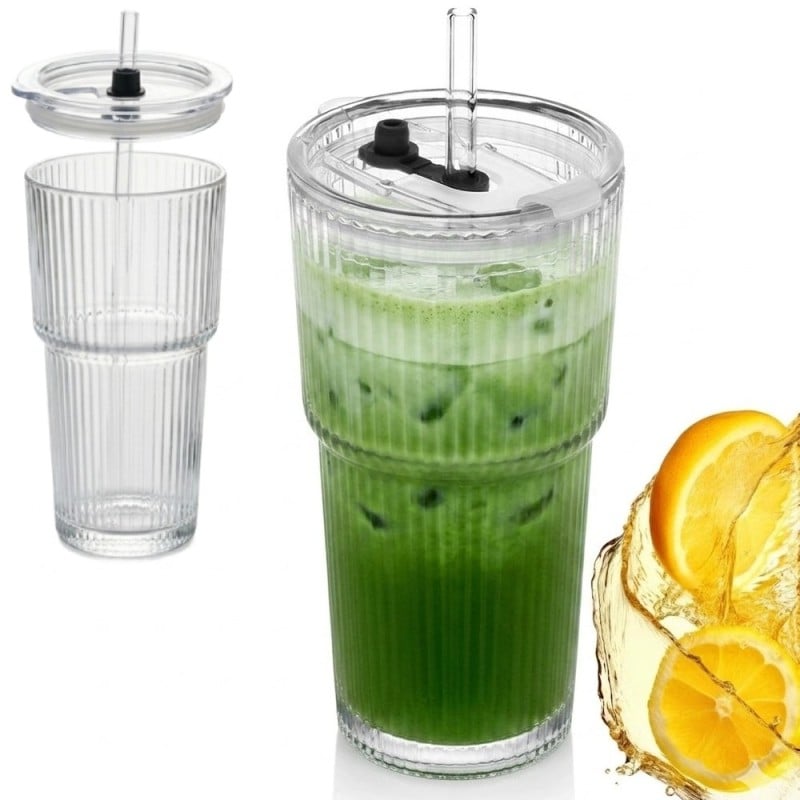 6 x Kubek szklany do napojów z pokrywką i słomką 540 ml Florina Vetrino podróżny szklanka ryflowana zestaw 6 szklanek