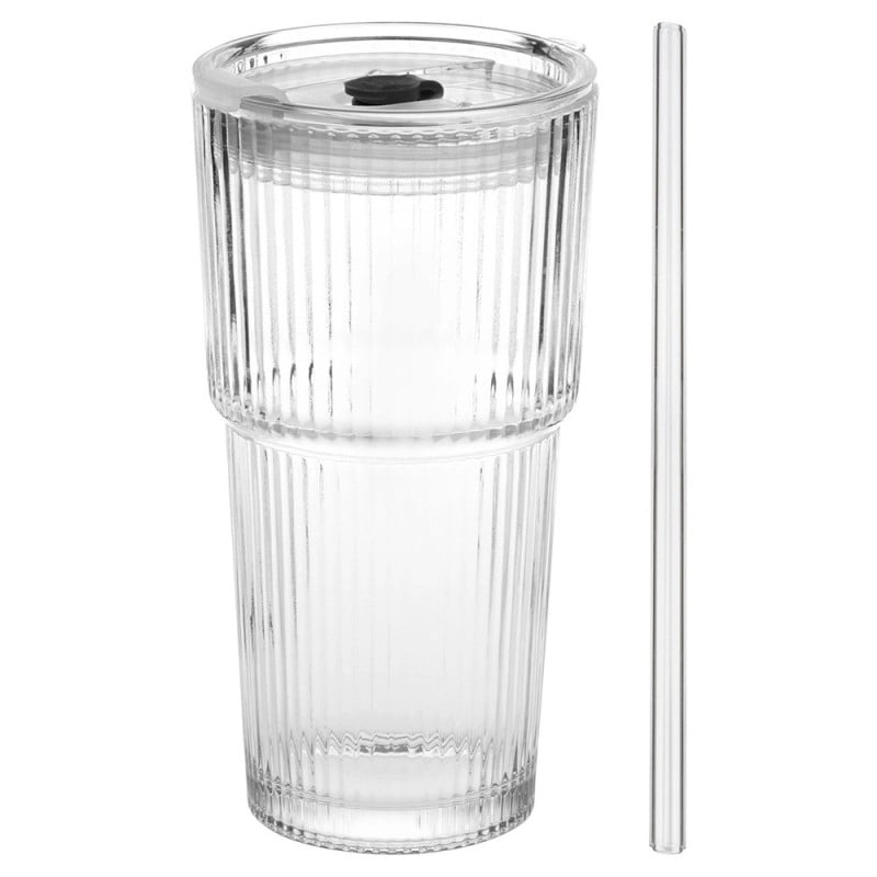 6 x Kubek szklany do napojów z pokrywką i słomką 540 ml Florina Vetrino podróżny szklanka ryflowana zestaw 6 szklanek