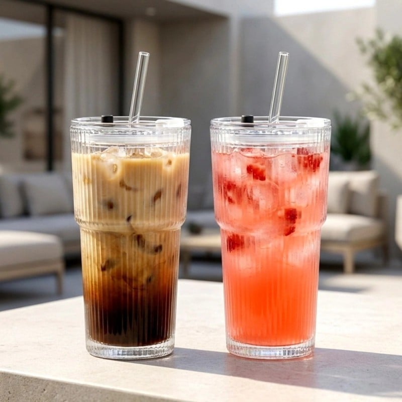 6 x Kubek szklany do napojów z pokrywką i słomką 540 ml Florina Vetrino podróżny szklanka ryflowana zestaw 6 szklanek