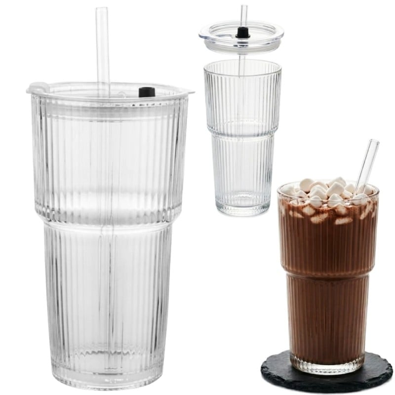 6 x Kubek szklany do napojów z pokrywką i słomką 540 ml Florina Vetrino podróżny szklanka ryflowana zestaw 6 szklanek
