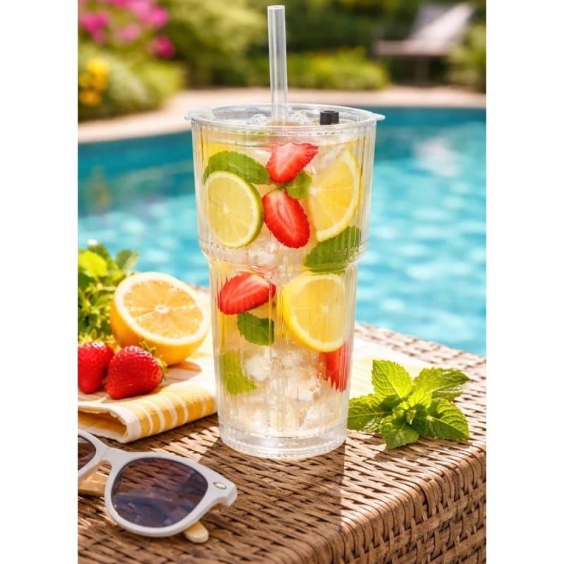 6 x Kubek szklany do napojów z pokrywką i słomką 540 ml Florina Vetrino podróżny szklanka ryflowana zestaw 6 szklanek