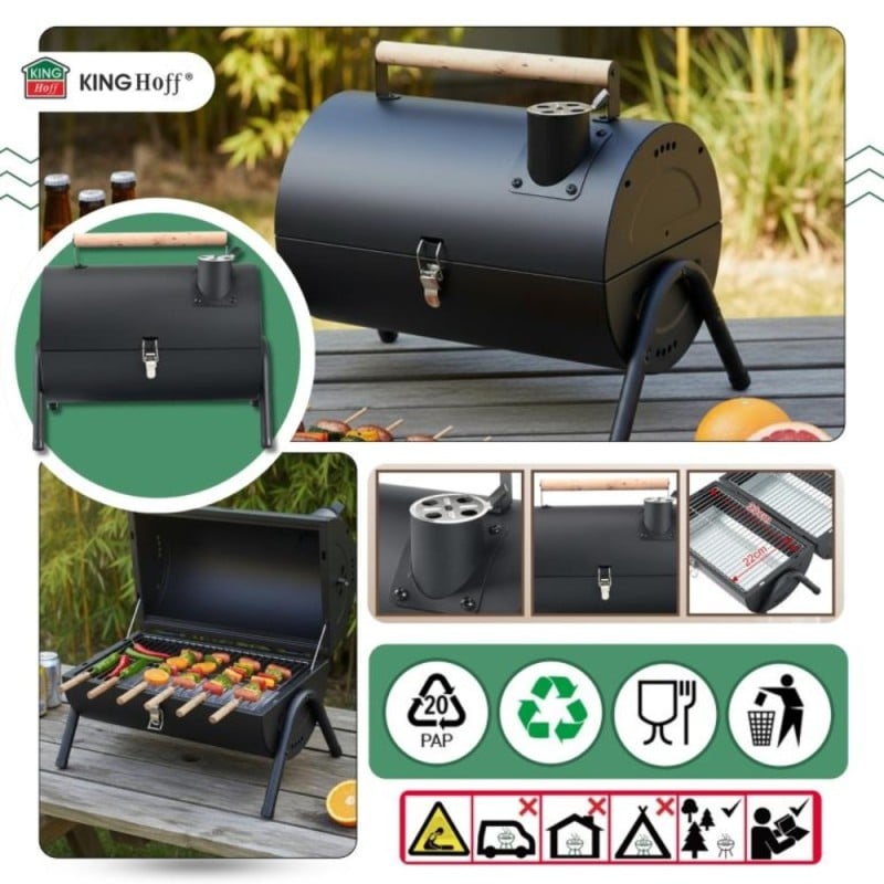 Grill węglowy ogrodowy w kształcie beczki przenośny turystyczny z rączką KINGHoff