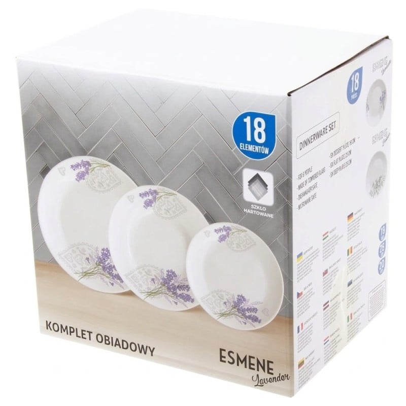Serwis obiadowy 36 elementów Esmene białe talerze dla 12 osób wzór lawenda