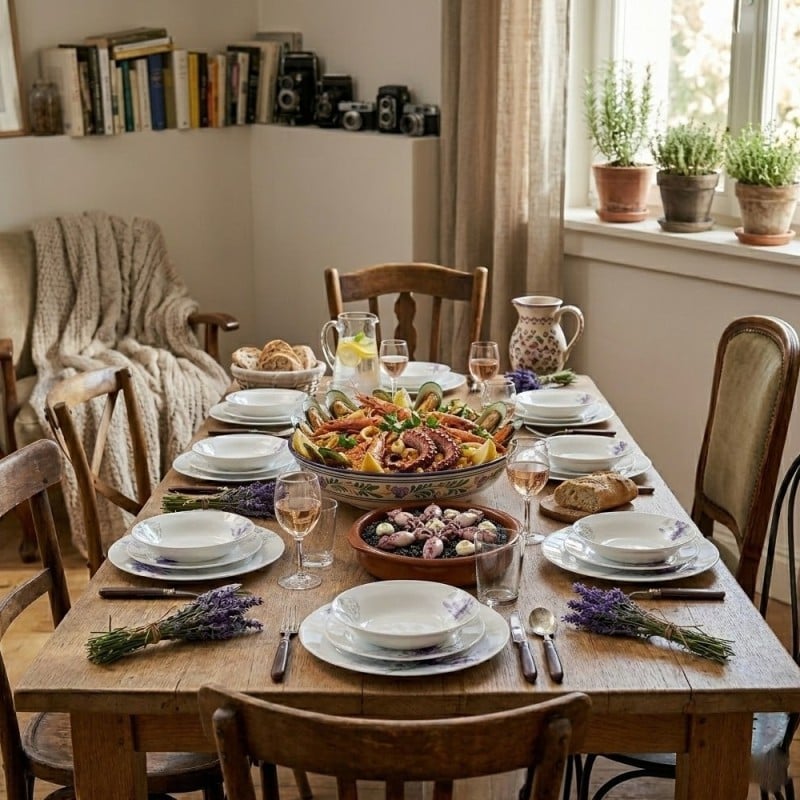 Serwis obiadowy 36 elementów Esmene białe talerze dla 12 osób wzór lawenda