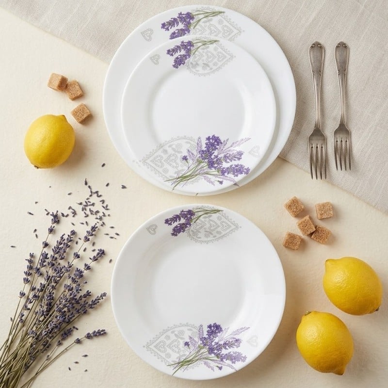 Serwis obiadowy 36 elementów Esmene białe talerze dla 12 osób wzór lawenda