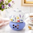 Dzbanek porcelanowy z niebieskim podgrzewaczem biały imbryk w kwiaty do zaparzania herbaty 1L ODELO SOLEY OD2963 Delhan