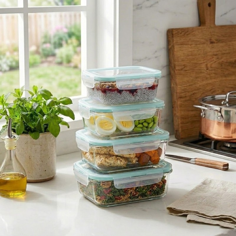 Pojemniki szklane prostokątne lunchbox GierekHoff Corio GH 1114 zestaw 4 sztuki żaroodporne hermetyczne 1050/640/370/200 ml