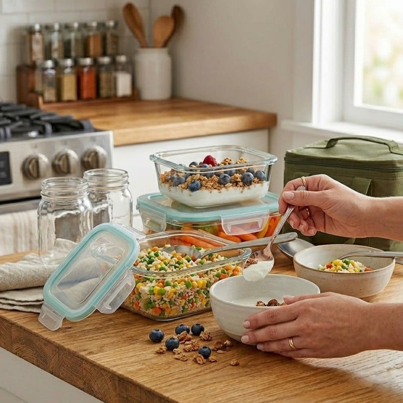 Pojemniki szklane kwadratowe lunchbox GierekHoff Corio GH 1115 zestaw 4 sztuki żaroodporne hermetyczne 800/520/320/150 ml