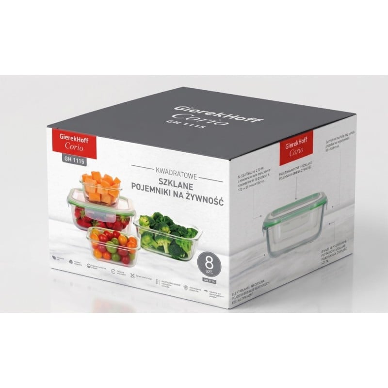 Pojemniki szklane kwadratowe lunchbox GierekHoff Corio GH 1115 zestaw 4 sztuki żaroodporne hermetyczne 800/520/320/150 ml