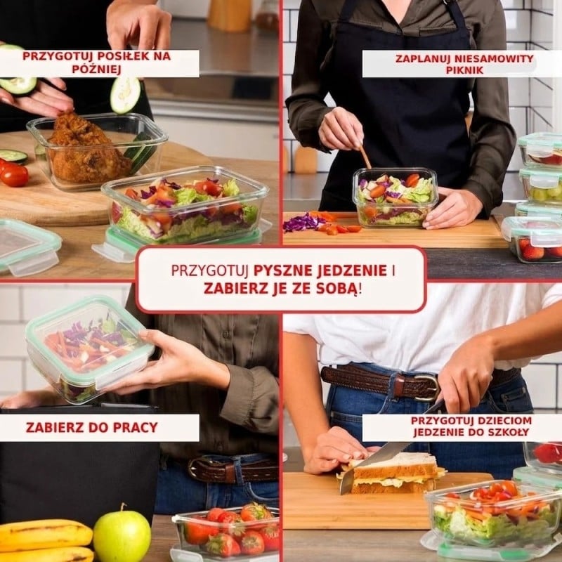 Pojemniki szklane kwadratowe lunchbox GierekHoff Corio GH 1115 zestaw 4 sztuki żaroodporne hermetyczne 800/520/320/150 ml