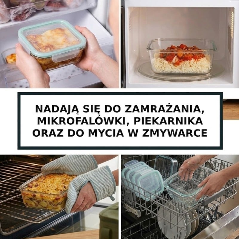 Pojemniki szklane kwadratowe lunchbox GierekHoff Corio GH 1115 zestaw 4 sztuki żaroodporne hermetyczne 800/520/320/150 ml